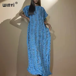 WINYI-vestido maxi jeans com furos para mulheres, manga curta, vestido longo sexy, festa casual de férias, moda original e nova, feriado