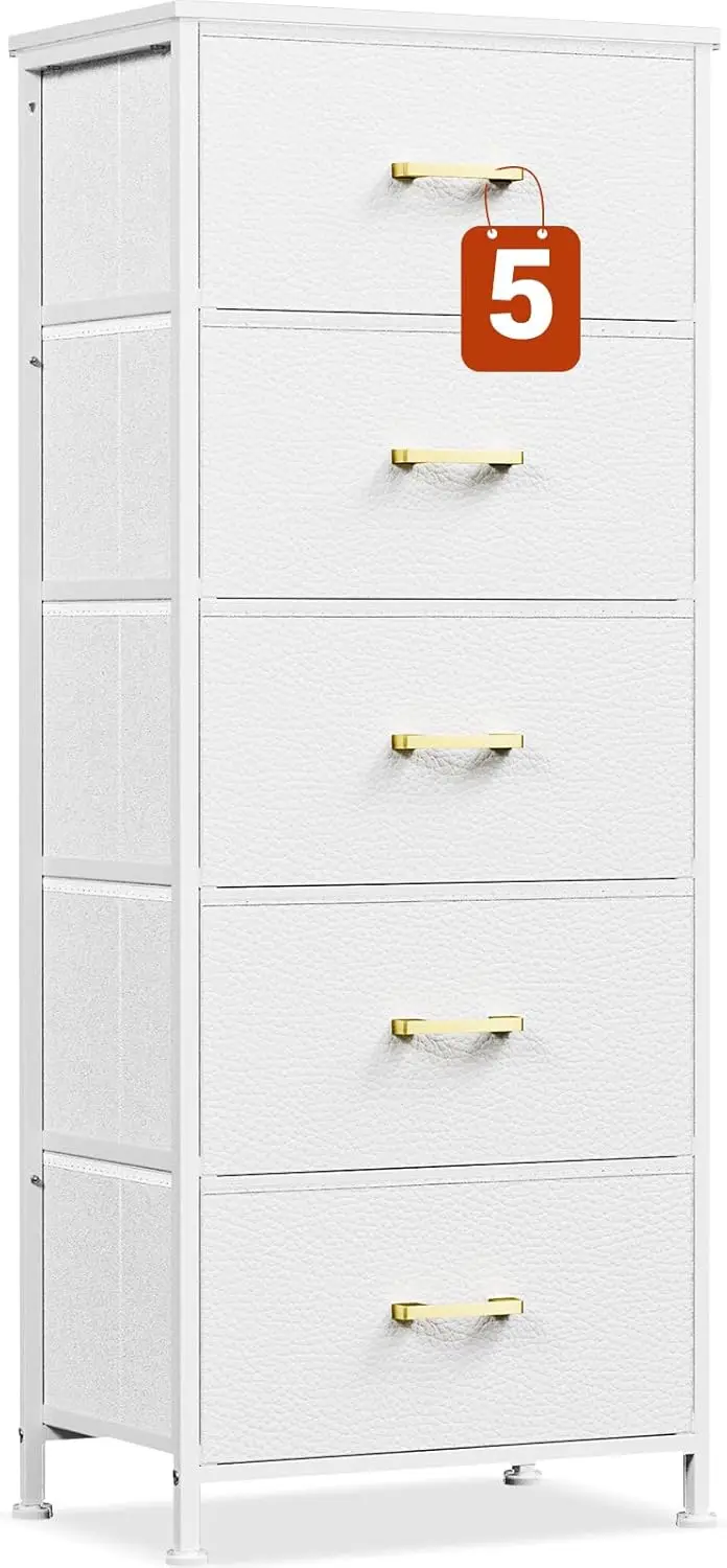 White Tall Dresser for Bedroom with 5 Drawers for Closet, Chest of Drawers with Metal Handle, Leather Front, Wood Top, Dresser