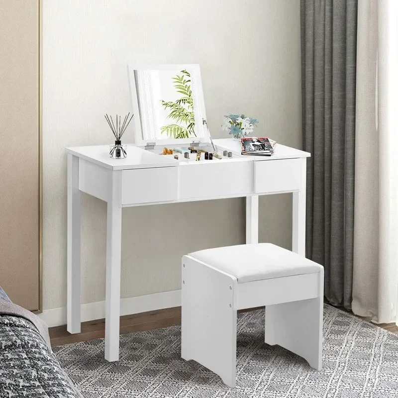 Vanity Set with Flip Top Mirror and Cushioned Stool Makeup Dressing Table Writing Desk with 2 Drawers and 3 Removable