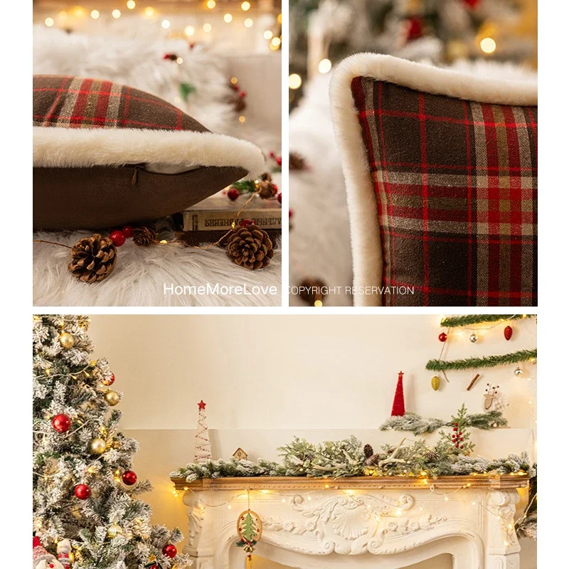 New Christmas Plaid Plush Edge Pillowcase, Winter Imitation Rabbit Fur Living Room Sofa Cushion New Christmas Party Decoration