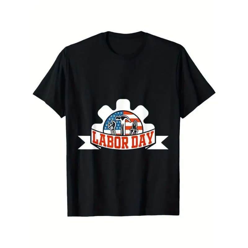 

Labor Day T-Shirt American Flag Gear Tools Print Tee Unisex Cotton Short Sleeve Top Worker Pride Gift US Labor Day Celebration