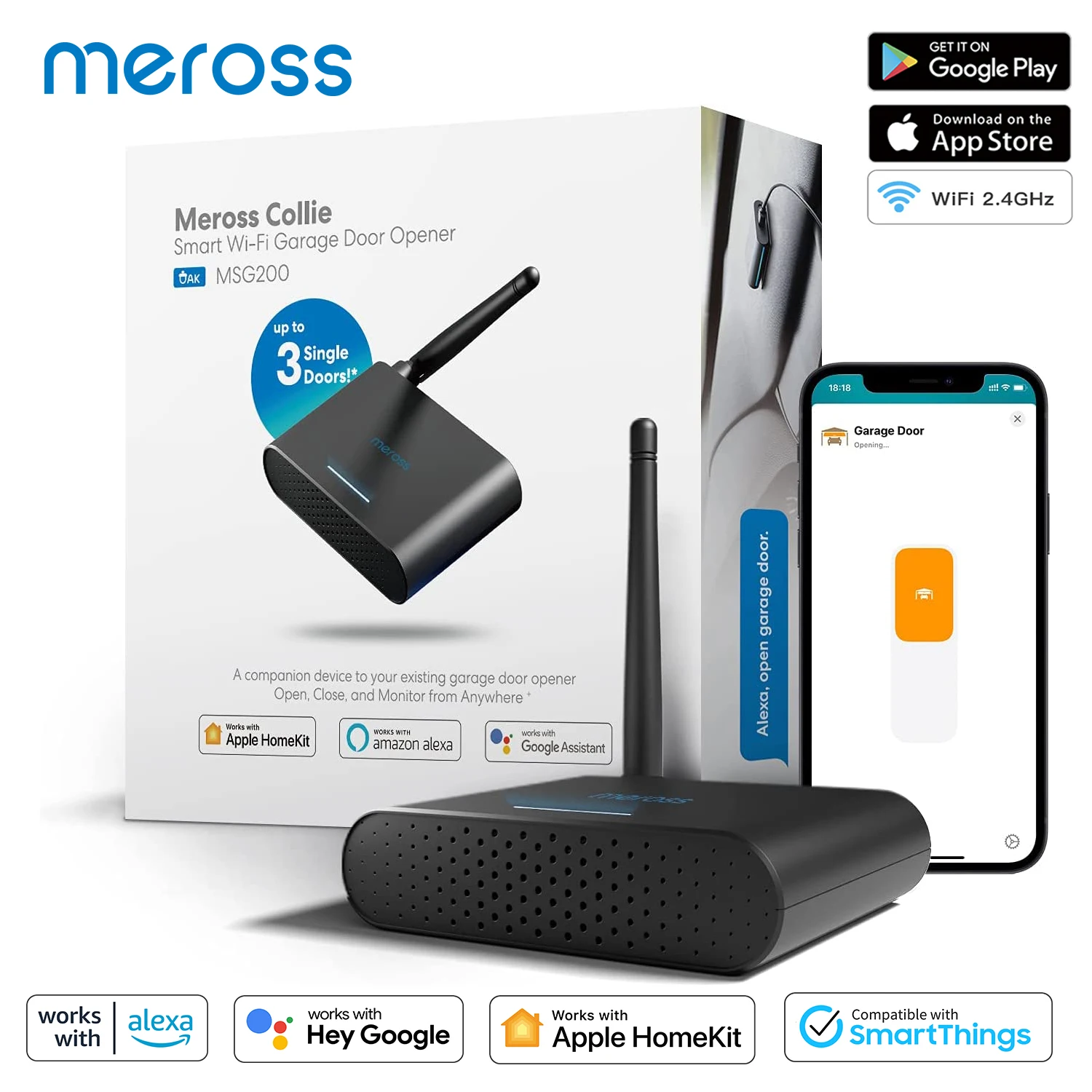 Meross Smart Garage Door Opener with External Antenna WiFi Garage Door Controller Work with HomeKit,Siri,Alexa,Google Assistant