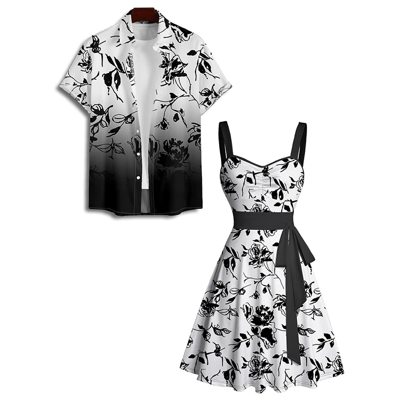 Dressfo Couple Set Paisley Print Women's Lace-Up Cami Dress and Men's Roll Up Button Up Shirt Hawaii Outfit