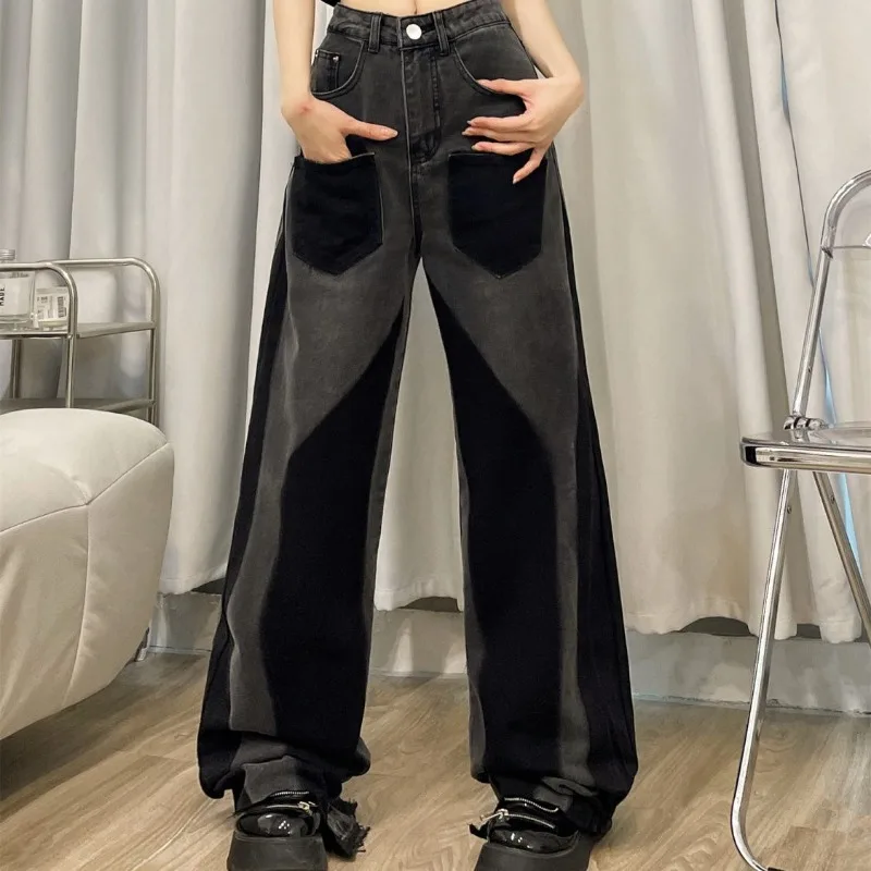 QWEEK Y2k Black Vintage Jeans for Woman Streetwear Baggy Gothic Harajuku Denim Pants Korean Fashion Spring Trousers Aesthetic