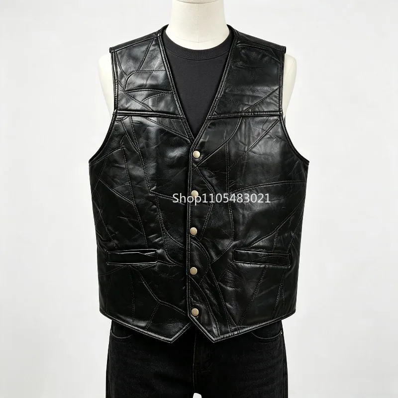 Genuine Leather Patchwork Motorcycle Vest for Men, Button-Up Sleeveless Biker Jacket with Multiple Side Pocket