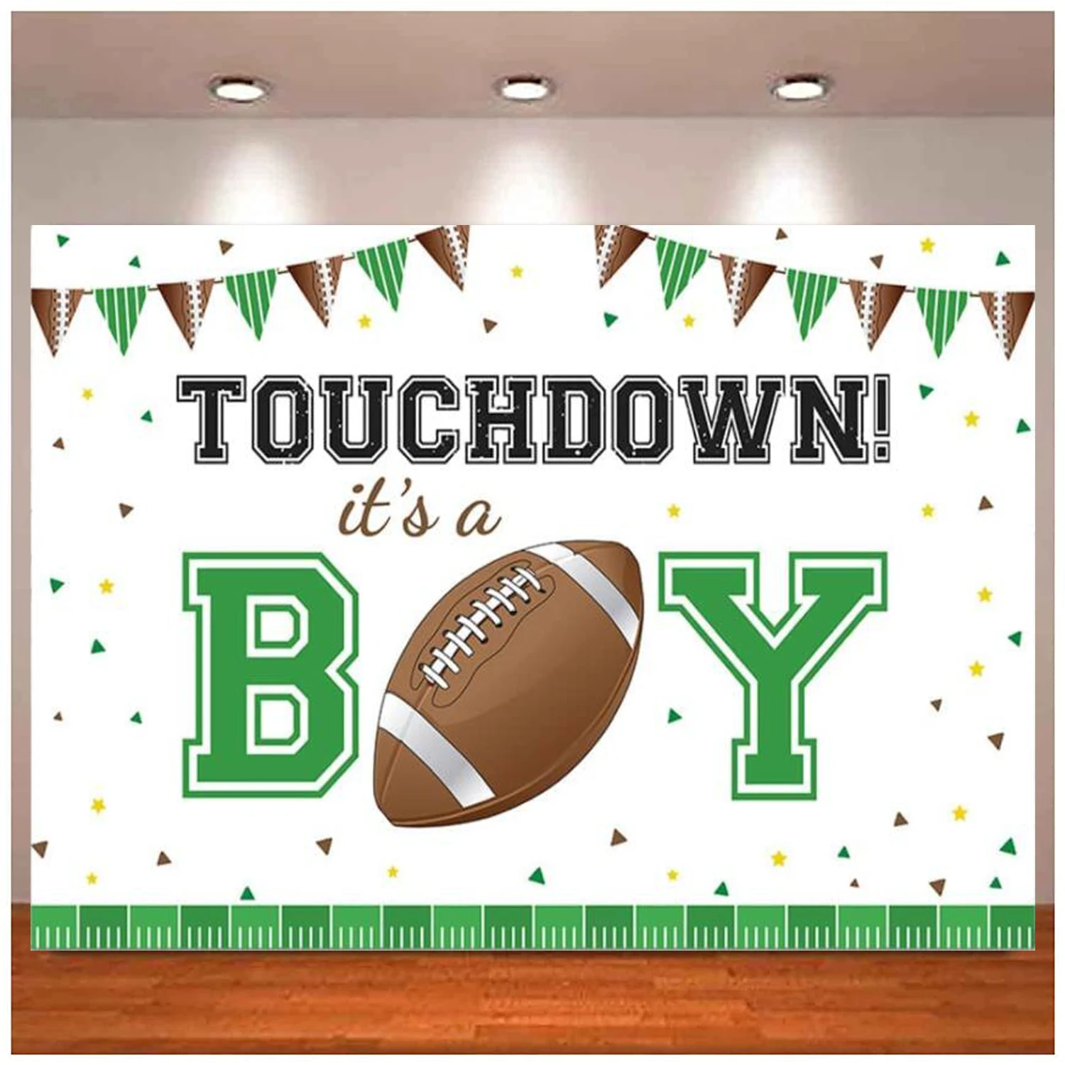 

Touchdown Boy Baby Shower Backdrop It's A Boy Banner Rugby Sports Soccer Ball American Football Background Confetti Party Decor