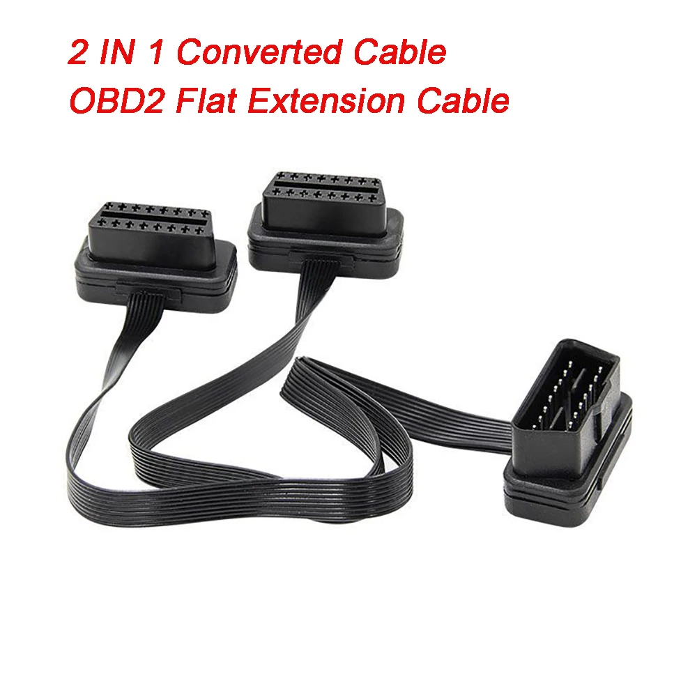 

OBD2 Flat Extension Cable 16pin 8-core OBD2 Car One-to-two-line Y Line Flat Noodle Branch Line 30CM Long 2 IN 1 Converted Cable