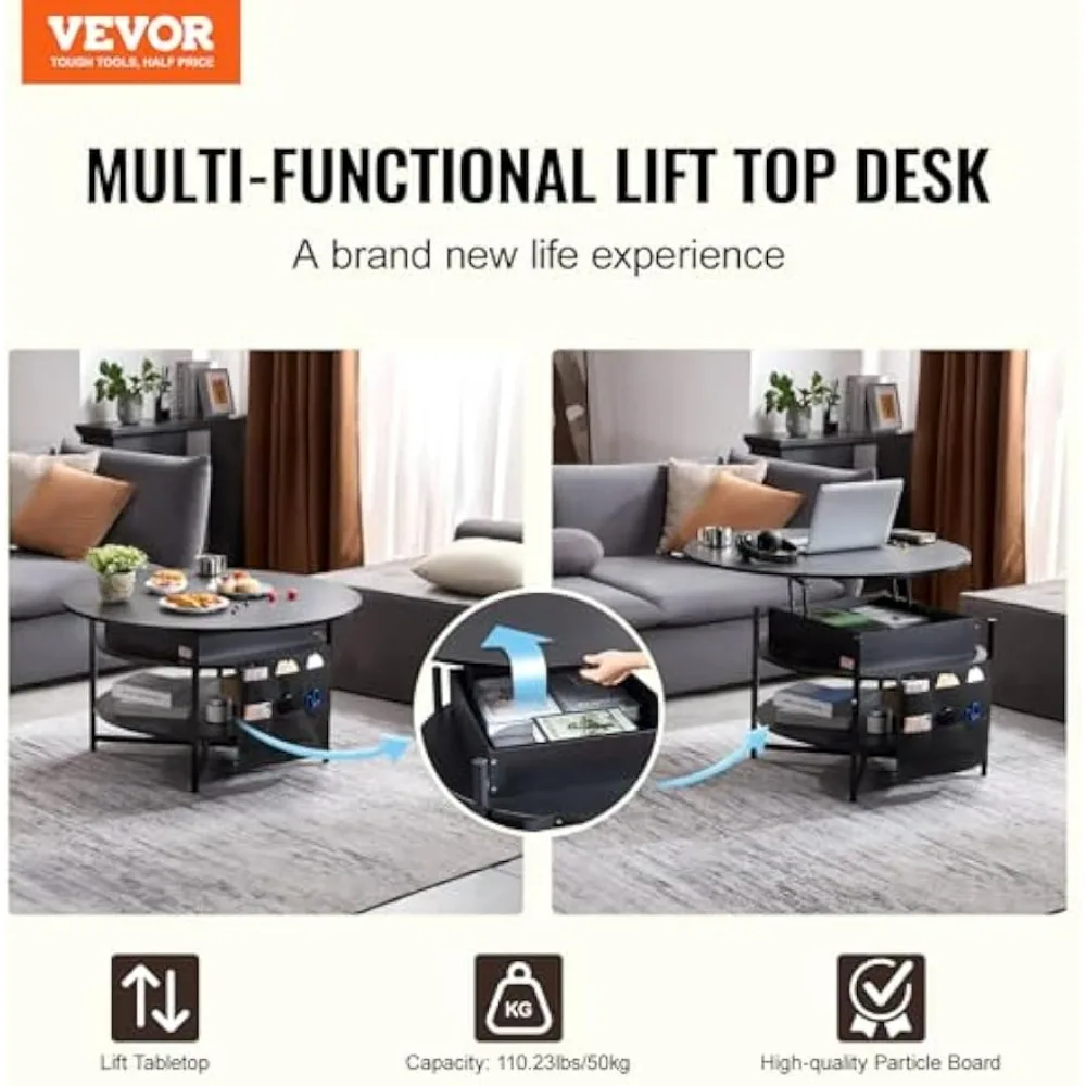 Round Coffee Table with Storage and Hidden Compartment for Living Room, 35.3 inches Diameter