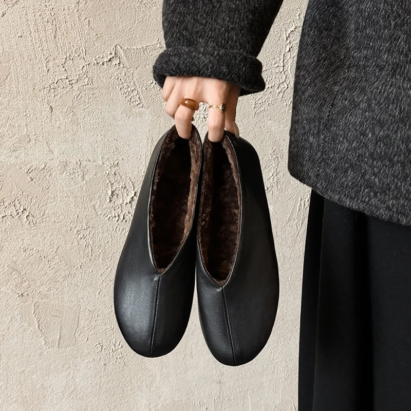 

Women's Brown Flats Loafers Elegant Slip-on Natural Leather Mules Round Luxury High Quality Designer Ladies Fur Shoes on Offer