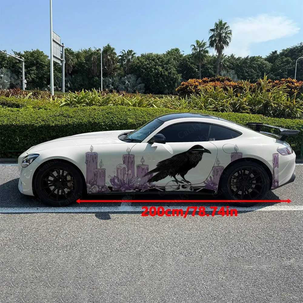 2pcs Hand-drawn Style Raven & Candle Car Side Wraps, Self-Adhesive PVC Waterproof & Scratch-Resistant Stickers, Car Accessory