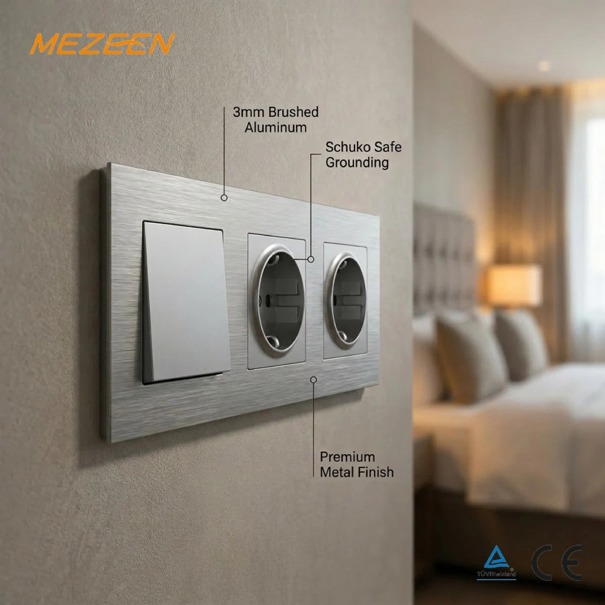 Manufacturer Hot Selling Tamper Resistant Wall Power Socket and Switch in Durable Brushed Aluminum Panel