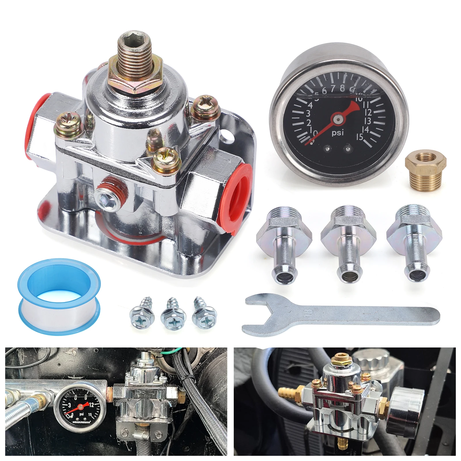 For Holley and Edelbrock Carburetors ABS & Metal 12-803 Fuel Pressure Regulator Kit For Carburetors 4.5-9PSI 3/8' NPT 1-in 2-Out