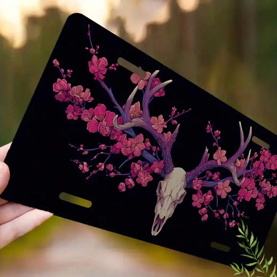 

Aluminum License Plate With Pink Cherry Blossom Deer Skull Design Waterproof 12x6 Inches