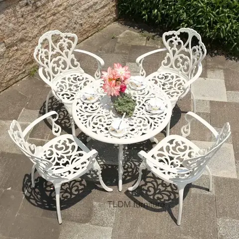 야외 주조 알루미늄 테이블과 의자 안뜰 정원 호텔 Urniture 테라스 조합 레저 금속 라운드 파티오 테이블