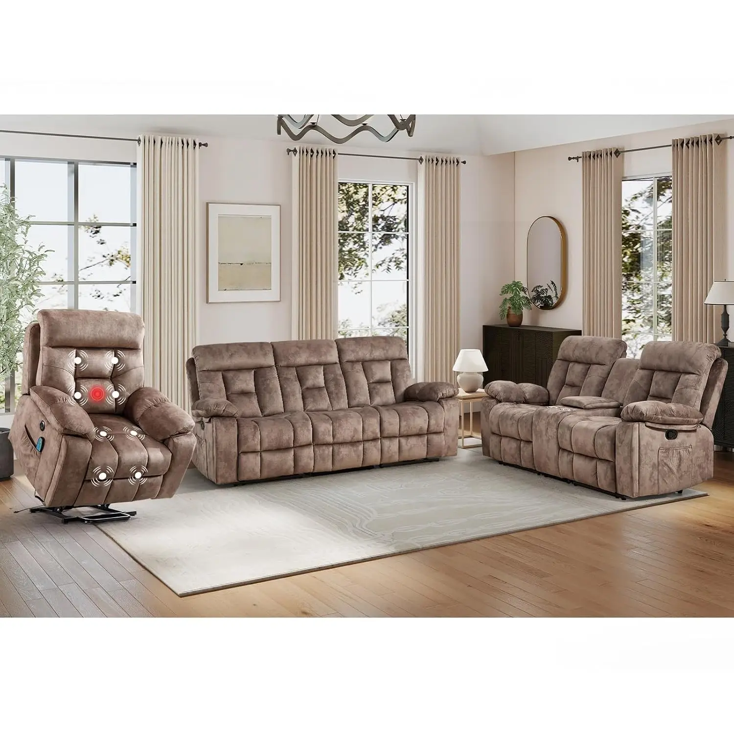 3 Pieces Recliner Sofa Furniture Set, Power Lift Recliner Chair with Massage and Heat, Manual Loveseat and 3 Seat Reclining Couc