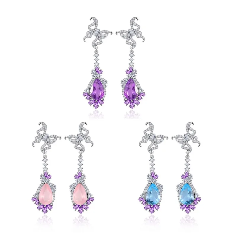 N Original Design 3 Carat Natural Topaz Earrings S925 Sterling Silver with Crystal Colored Treasure Earrings