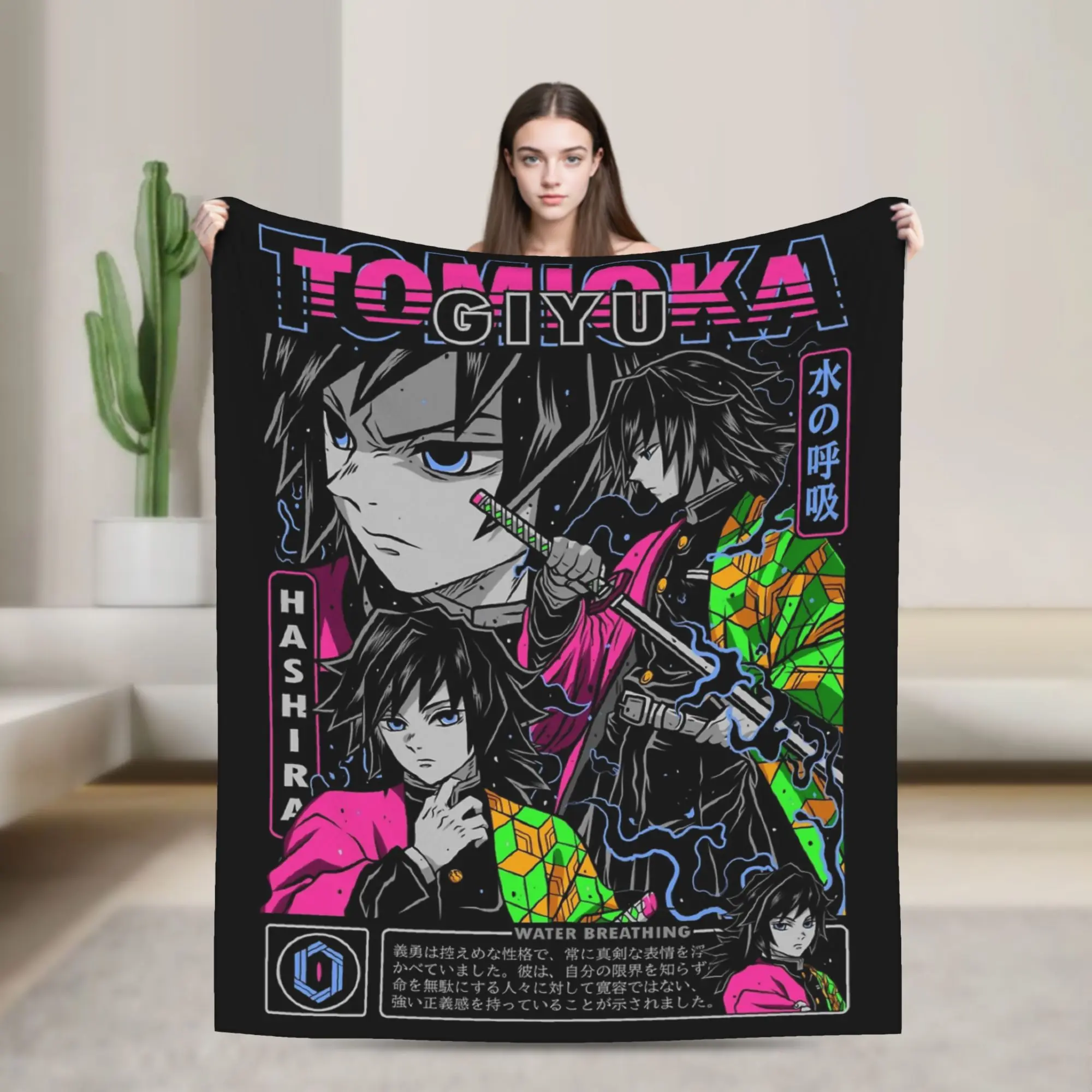 Tomioka Giyu Anime Blankets Flannel Spring/Autumn KNY Lightweight Thin Throw Blanket for Bedding Outdoor Plush Thin Quilt