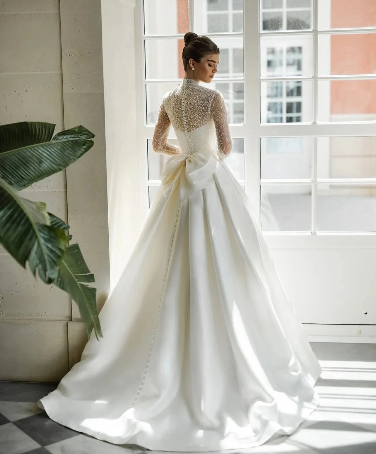 2025 Female A-Line Dress High-Neck Wedding Dress Elegant Bow Puffy Dress Wedding Dress Vestido De Novia  Customization