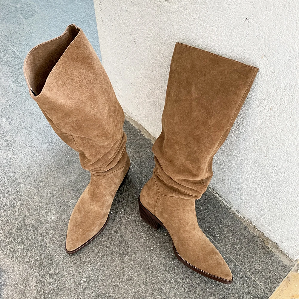 2024 New Kid Suede Retro Women Boots Autumn Winter Slip-On Boots for Women Pointed Toe Square Heel Basic Shoes Knee-high boots