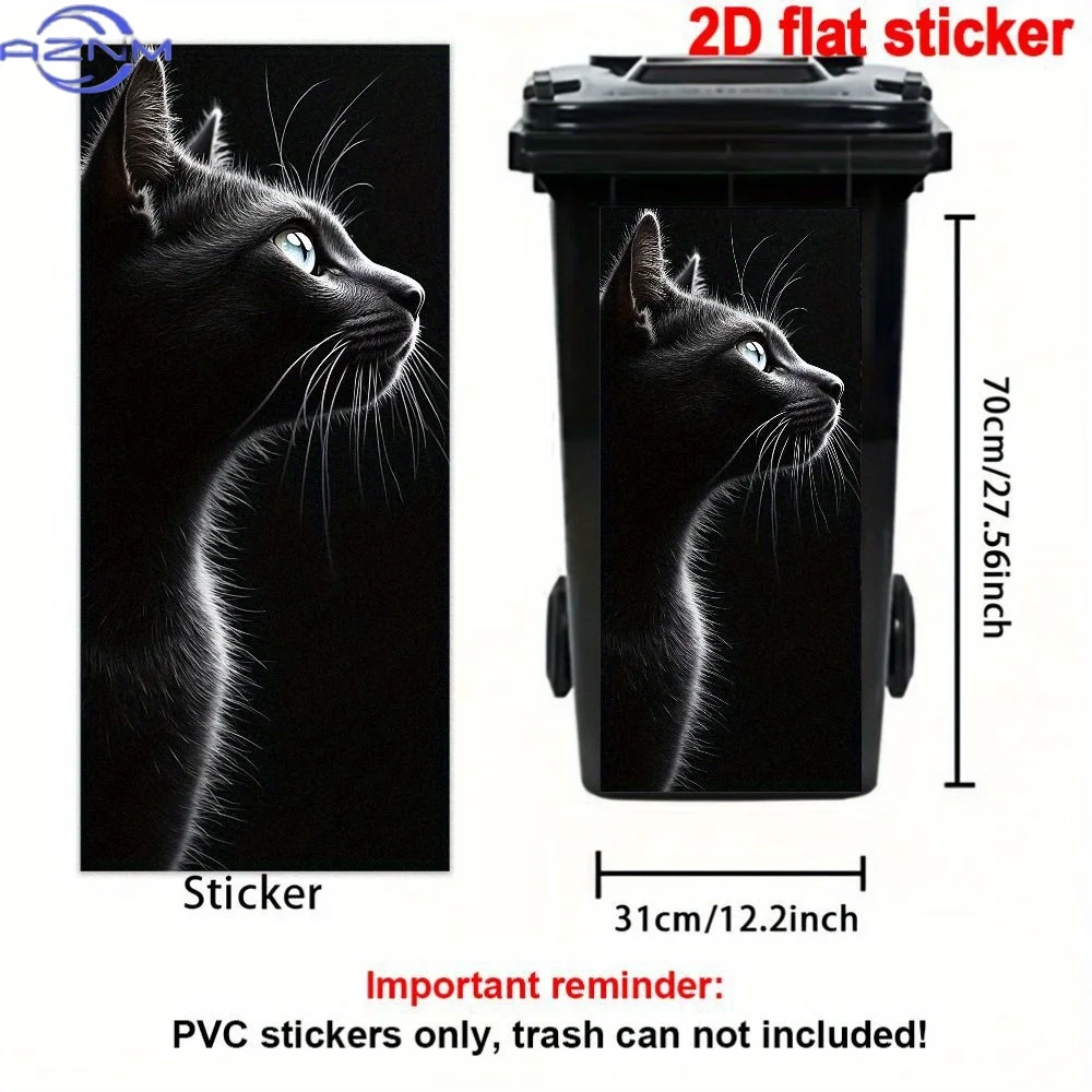 1pc 2D Flat Sticker, Black Cat Side Profile Trash Can Decal - Waterproof PVC Artistic Style with Sparkling Eyes for Outdoor Us