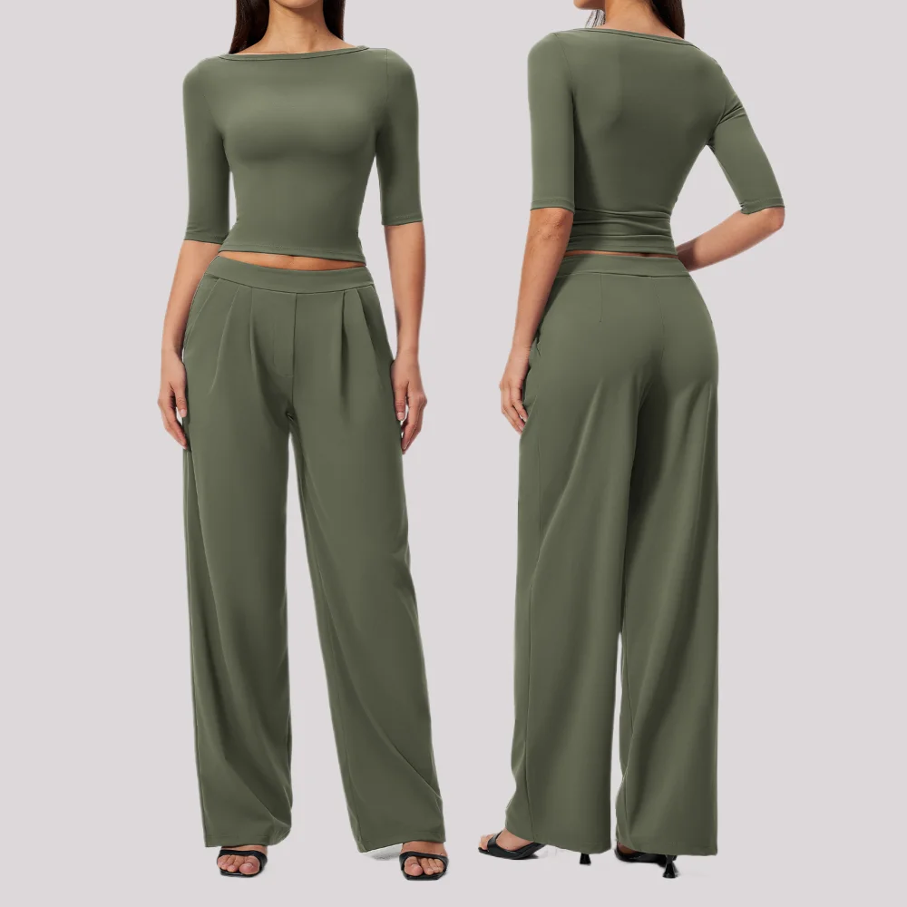 Gym Clothing 2PCS Yoga Set Workout Tracksuit Women Boat Neck Elbow Sleeve Wide Leg Pants Sportswear for Running Fitness Outfits