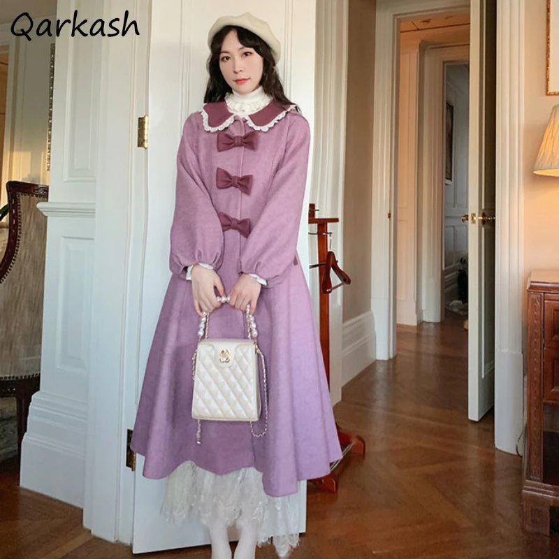 

Wool Blends Coats Women Autumn Winter Solid A-Line Fashion Simple All-match Casual Korean Style Sweet Female Overcoats Purple