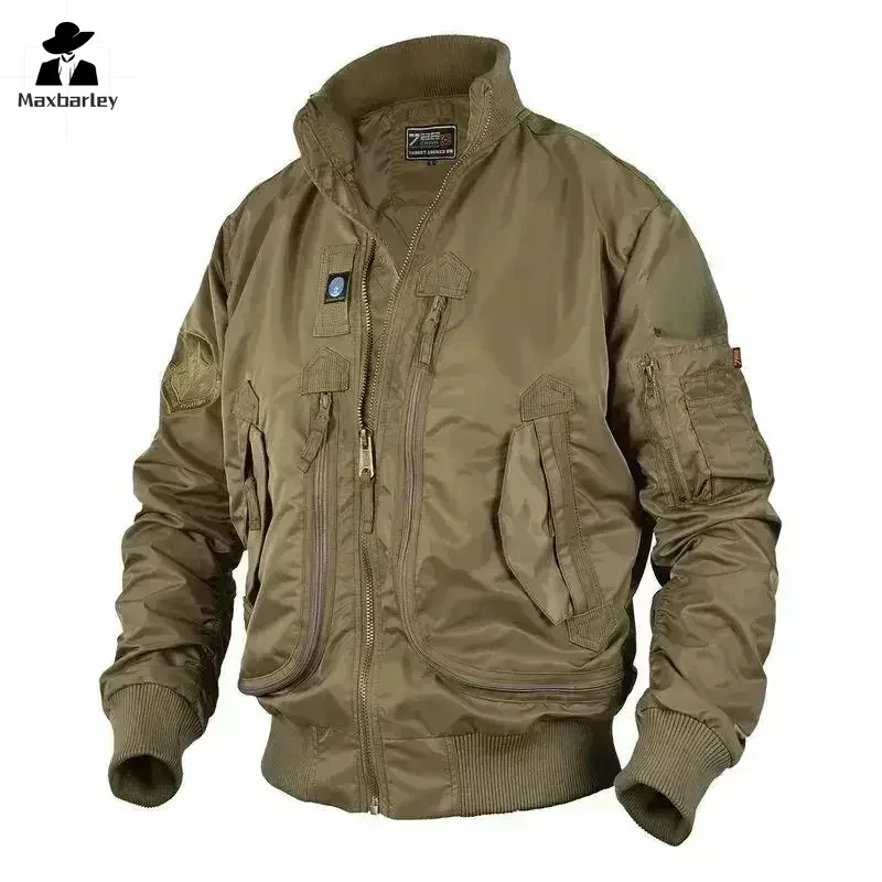 Men Hunting Work Jackets Big Pocket Pilot Baseball Working Clothes Coat Armygreen Ma-1 Jacket Stand-collar Motorcycle Outwear