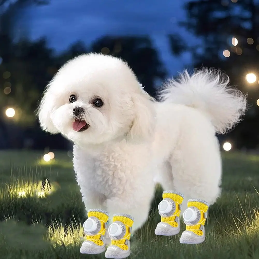4Pcs/Set Fashion Breathable Button Dog Shoes Reflective Anti-slip Dogs Mesh Shoes Comfortable Soft Sole Dog Footwear Outdoor