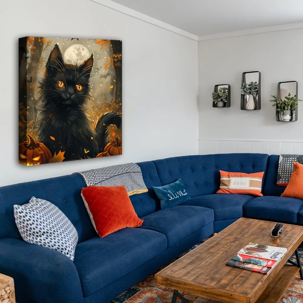 

1.5 inch solid wood picture frame, Halloween pumpkin garden cats, wall decoration with paintings.