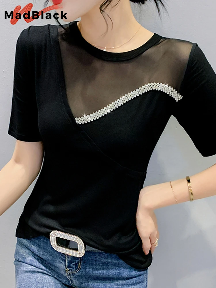 

MadBlack Summer European Clothes T-Shirt Sexy O-Neck Patchwork Mesh Shiny Diamonds Women Tops Short Sleeve New 2022 Tees T24004X