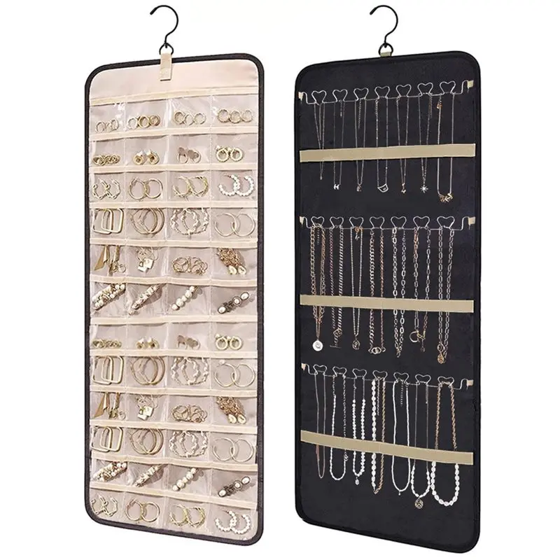 NEW HOT In Stock-Double Sided Jewelry Rack Earring And Necklace Organizer Pocket Oxford Fabric Double Sided Hanging Rotating Jew