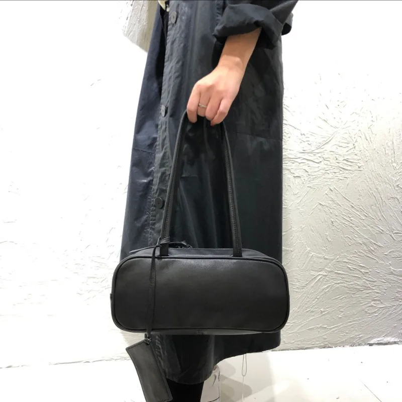 Simple Casual Genuine Leather Black Bags for Women Y2k Grunge Shoulder Underarm Tote Bag 2024 Autumn New Top-Handle Bags