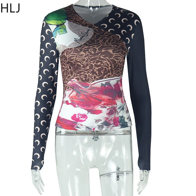 HLJ أسود موضة طباعة المرقعة بلايز قطعتين مجموعات النساء الخامس الرقبة طويلة الأكمام سليم بلوزات وسراويل وتتسابق Y2K الشارع الشهير BR