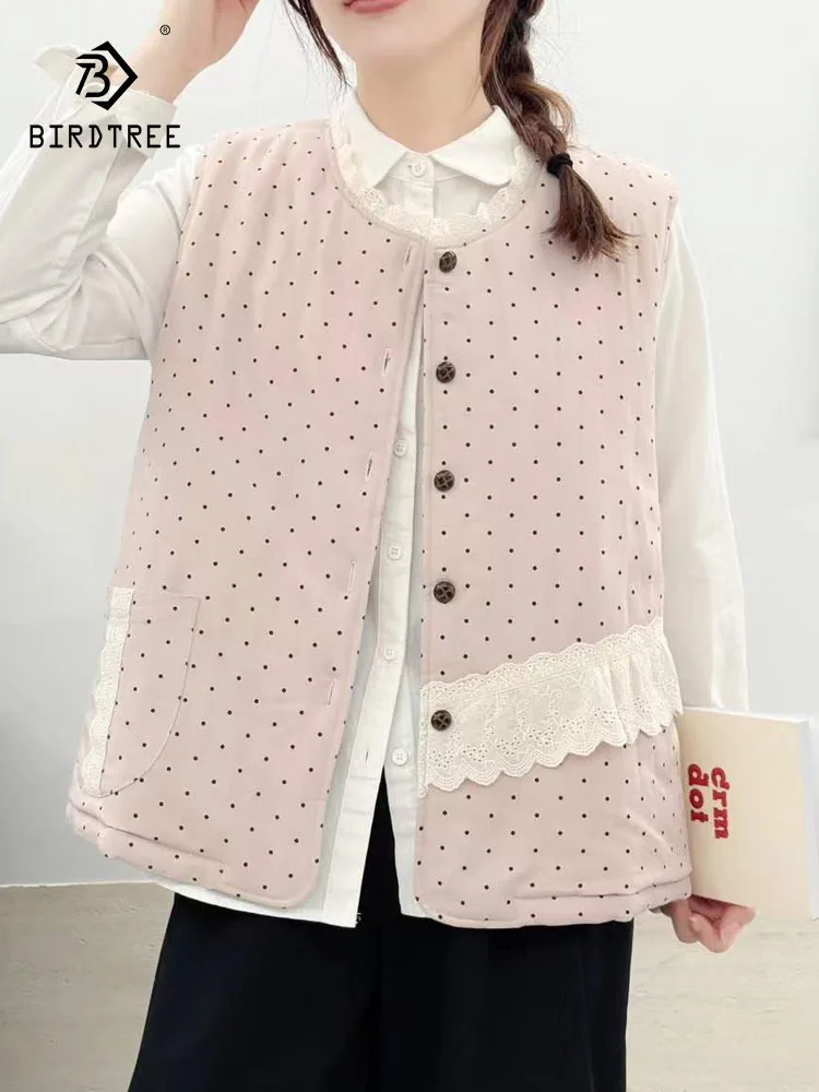 

Новый зимний жилет с хлопковой подкладкой 2025, женский лоскутный жилет с круглым вырезом в горошек, милое свободное теплое пальто Mori Girl C5N930CC