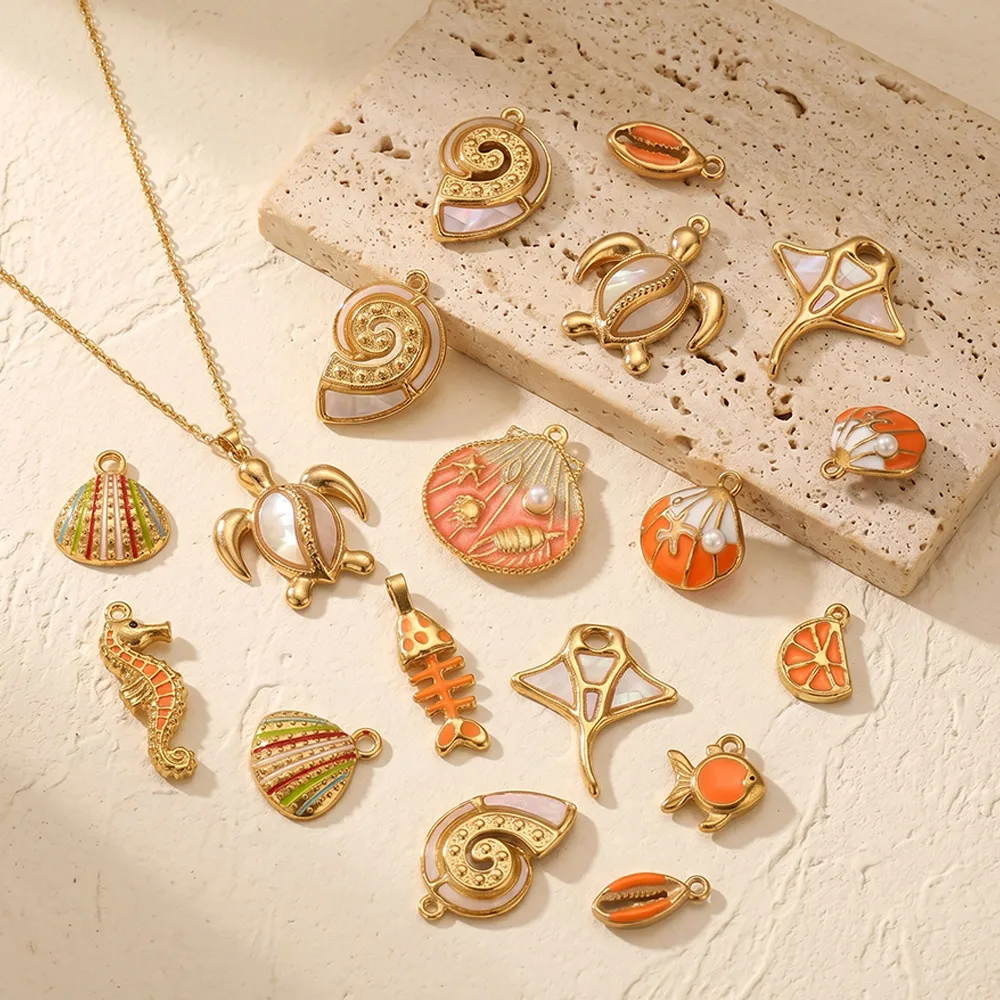 2/3/4/5pcs Stainless Steel Orange Enamel Charms Conch Shell Diy Earrings Woman Bracelet Necklace Jewelry Making Material Finding