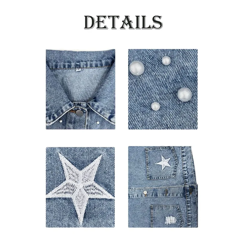 Women Fall Casual Denim Jacket Back Star Print Long Sleeve Turn-down Collar Button Pearls Coat Streetwear Denim Jacket Women