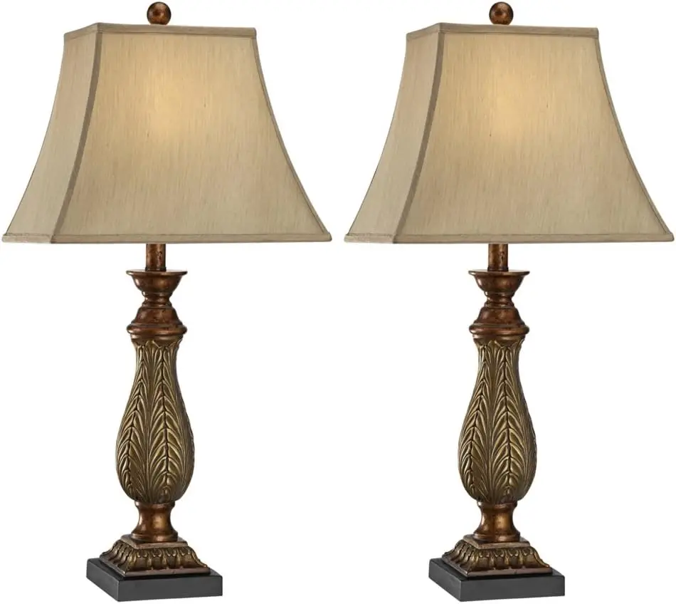 

Traditional Style Table Lamps 29" Tall Two Tone Gold Brown Leaf Linen Rectangular Bell Fabric Shade Decor for Nightstand