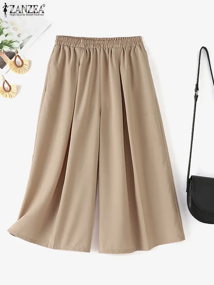 Women Elastic Waist Baggy Pantalon ZANZEA Summer Trousers Fashion Loose Wide Leg Pants Casual OL Work Capris Vintage Pleats Pant