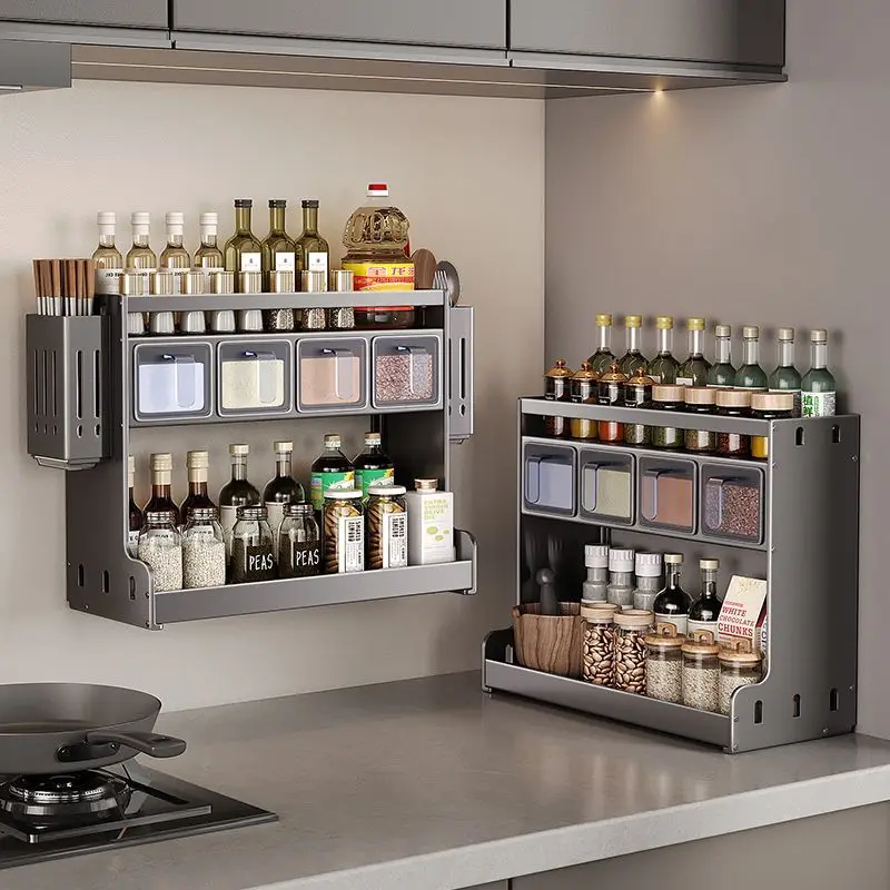 3-5 Grids Multi-Layer Kitchen Condiment Rack No-Drill Wall-Mounted Storage for Seasonings & Condiments Organization
