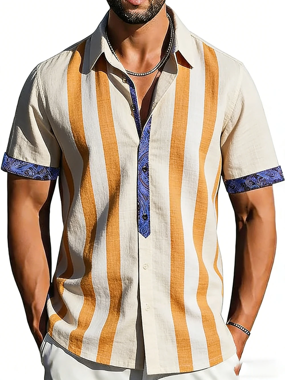 Men's Spring New Arrival Linen Short Sleeve Shirts Colorful Striped Printed Shirts Hawaiian Vacation Social Party Men's Clothes