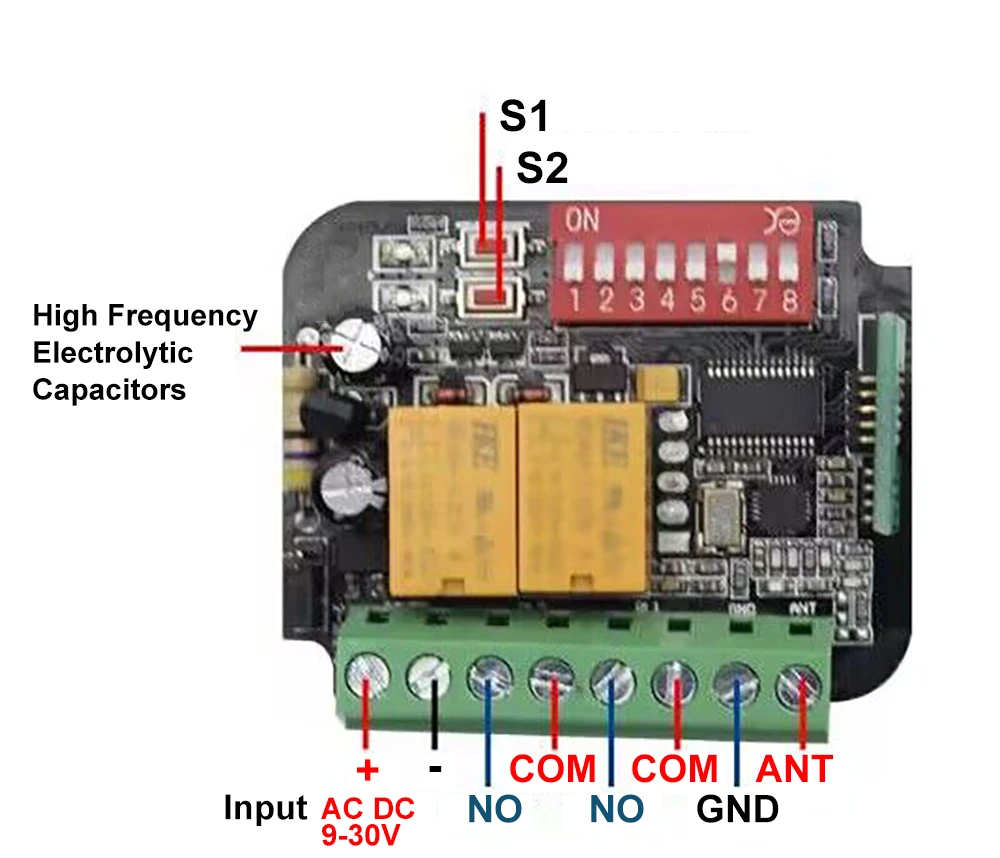 300-900MHz Rolling Code Receiver 2CH AC85-250V DC9-30V Garage Door Remote Control Switch With 4 Button Remote Key Fobs