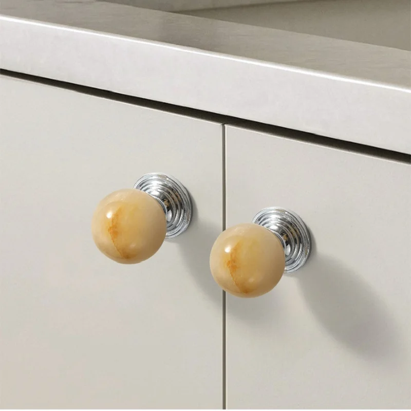 Brass Wardrobe Handle French Luxury High-end Wardrobe Shoe Cabinet Silver Crystal Marble Round Ball Single Hole Small Handle