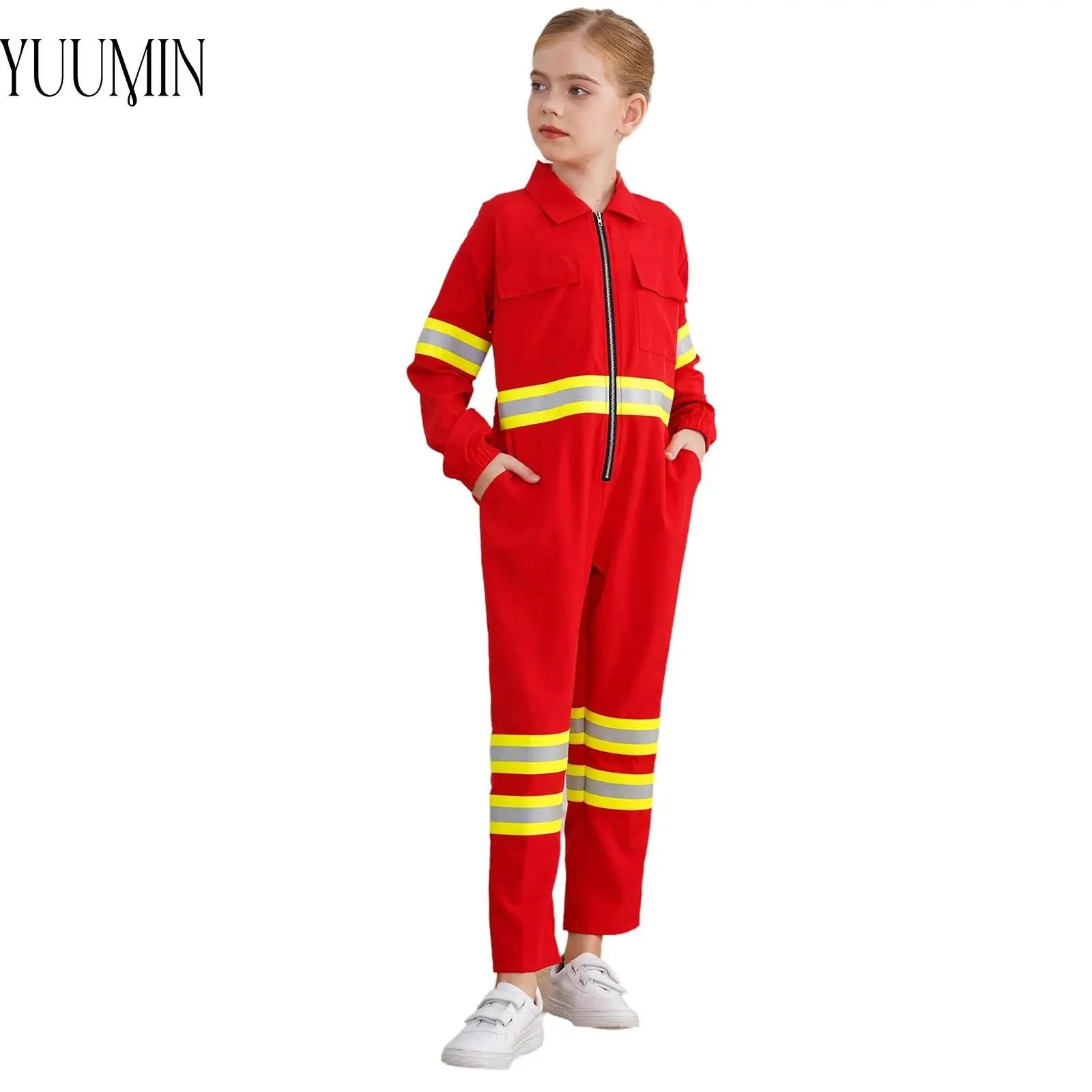 

Kids Boy Girl Cosplay Firefighter Costume For Dancing Party One Piece Long Zipper Bodysuit Halloween Dress up Role Play Outfit