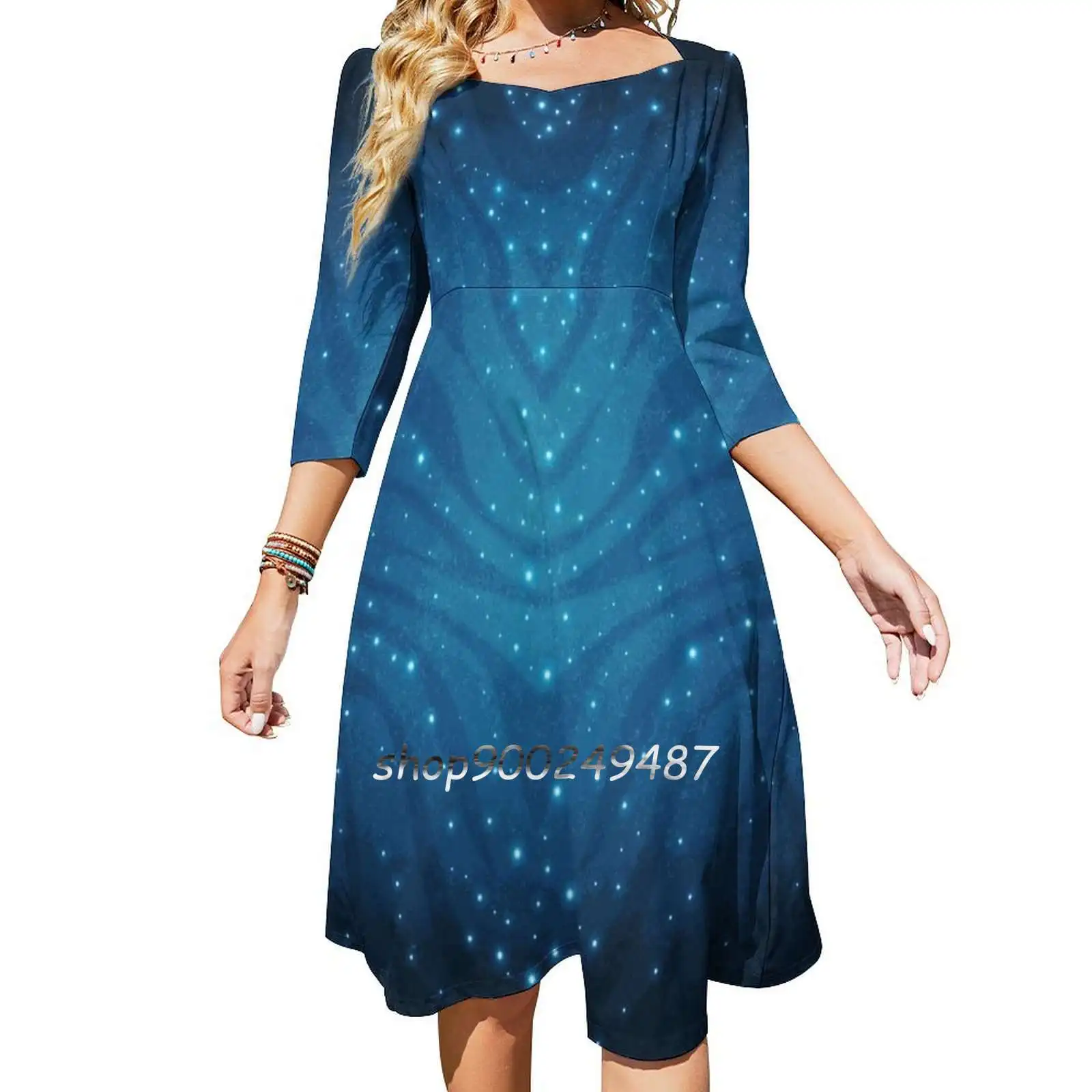 Sweet Elegant Dress Women Korean Kawaii Square Collar Dress Film Tv Cinema Fantasy Lights Pattern Graphic Blue Sky Skin Star