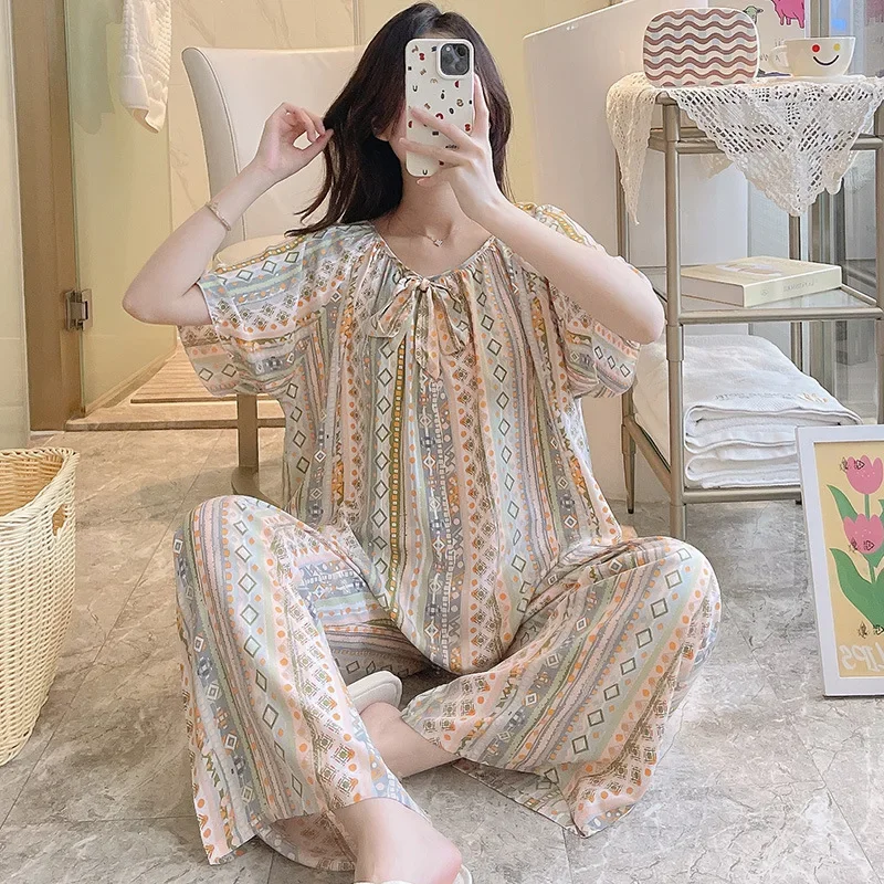 

Short Sleeve Pants Floral Print Woman Satin Pajama Sets Ensembles 2 Piece Two-Piece Outfit Lounge Women Pijama Sleepwear Pj