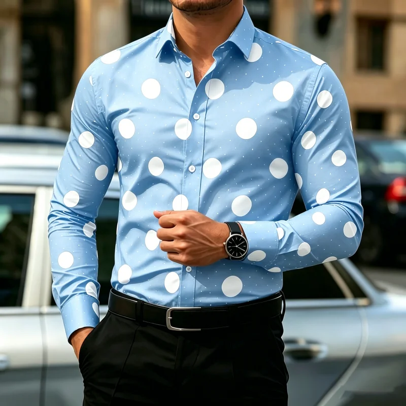 Men's Polka Dot Long Sleeve Shirt, Slim Fit Casual Shirt, Outdoor Casual Fashion Trendy Men's Top view 5