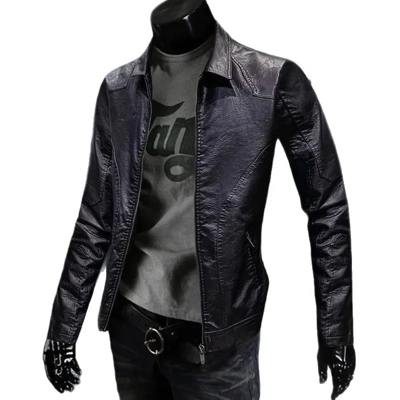 

Casual Style Men's Leather Jacket Autumn Winter New Retro Slim Fit Stand Collar Handsome Biker Jacket