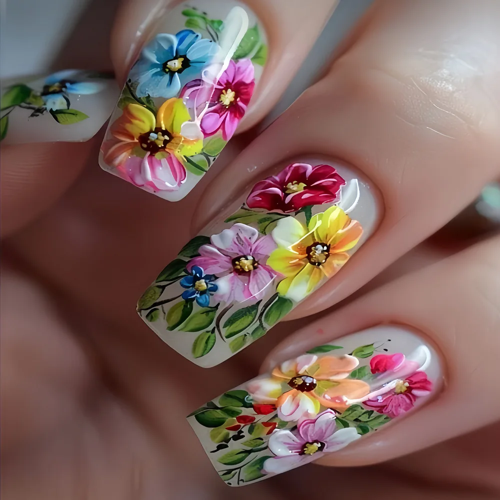 24 قطعة/sest أظافر صناعية قصيرة متوسطة الحجم للنساء والفتيات زهور ملونة على شاطئ الفطر لصيف الخريف اضغط على أطراف أظافر صناعية #6