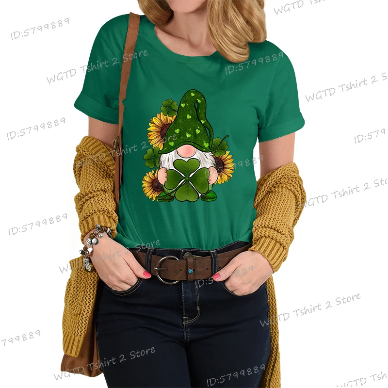 St Patrick's Day Gnomes Shirt Flower Clover Graphic T Shirts Women Funny Cute Gift Happy St Patrick's Day Short Sleeve T-shirt