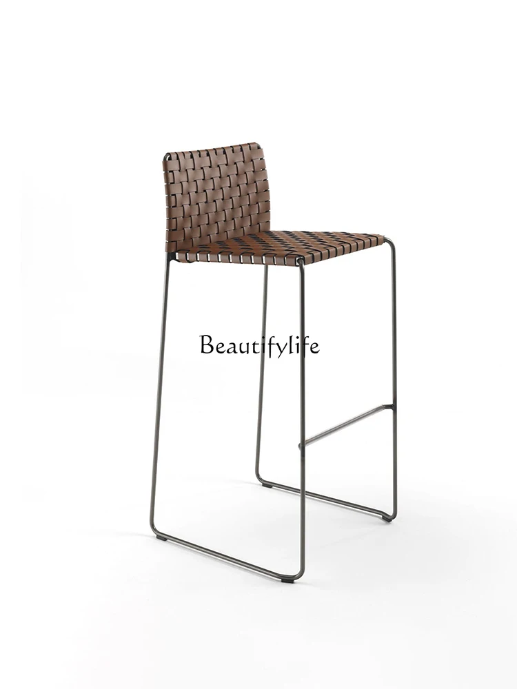 Italian minimalist high-end saddle leather high-foot woven bar chair Nordic wabi-sabi stainless steel chair